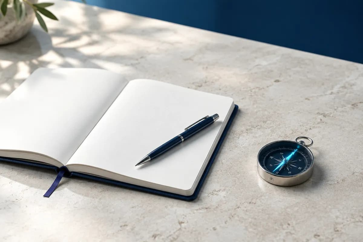 An open notebook, a pen and a compass on a pale stone table