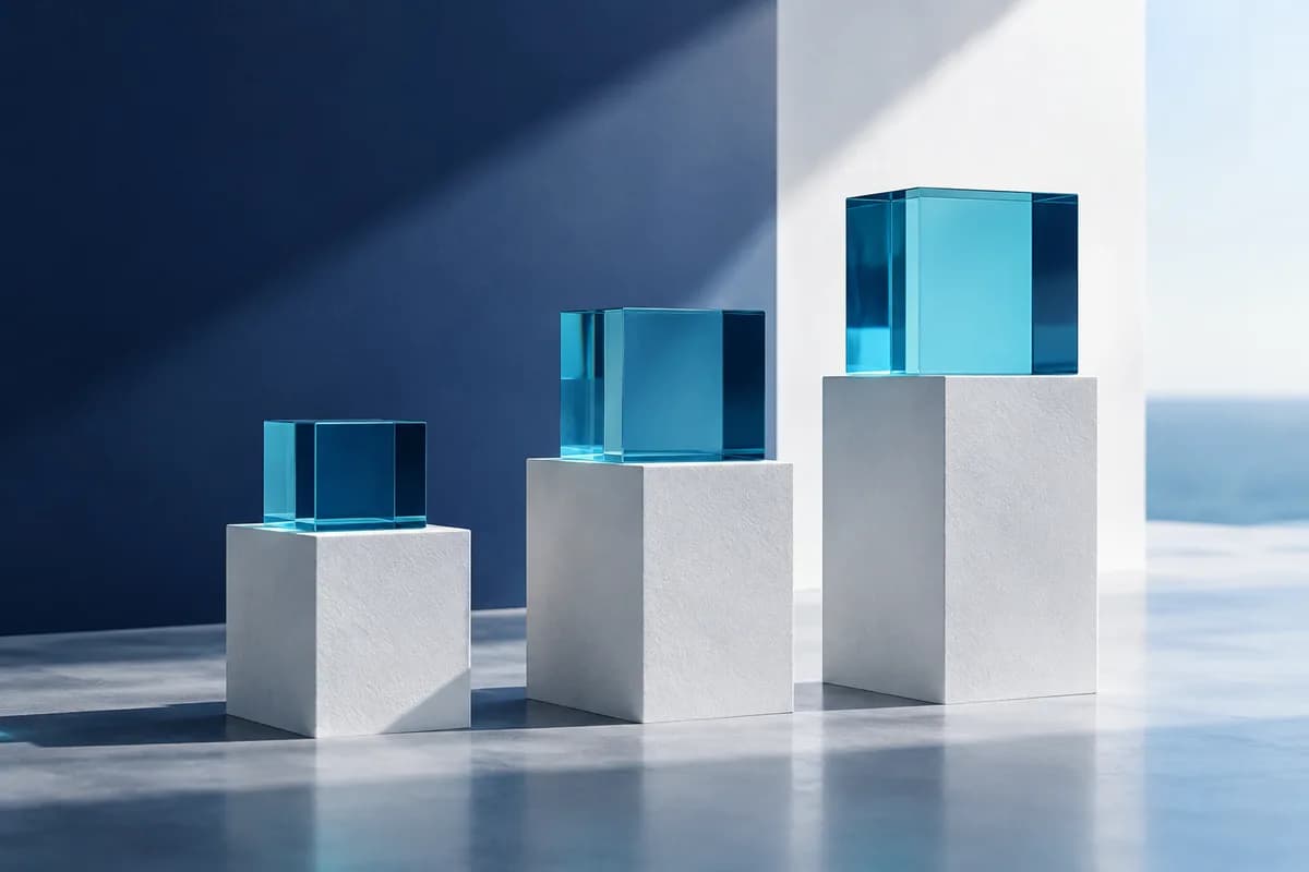 Three blue glass cubes on white plinths in front of a navy wall and the sea