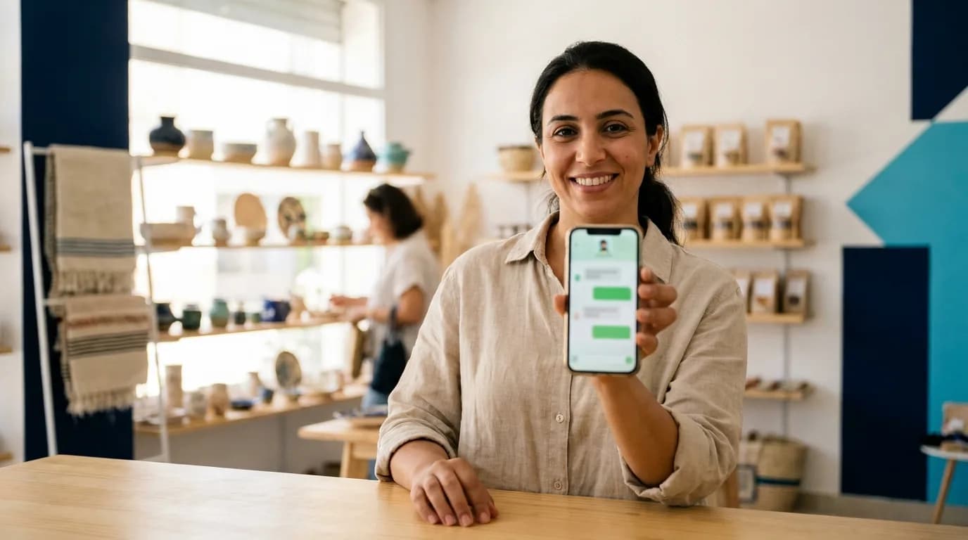 Une commerçante tunisienne montre sur son téléphone une conversation avec l'agent IA de sa boutique.