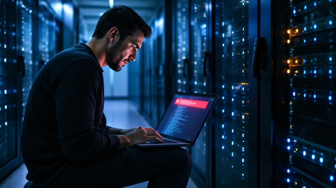 A developer checks a server's PHP version on a laptop in a server room lit in blue.