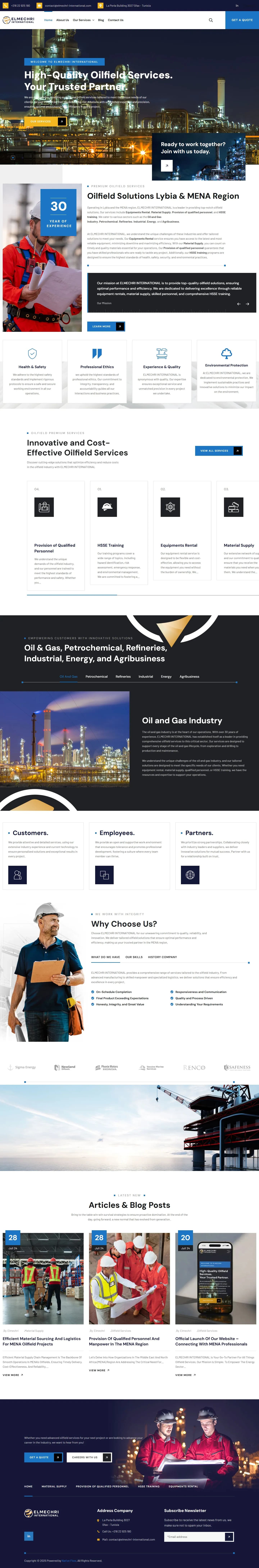 Page d’accueil complète du site Elmechri International sur ordinateur : diaporama, présentation, engagements, services, secteurs, blog et pied de page