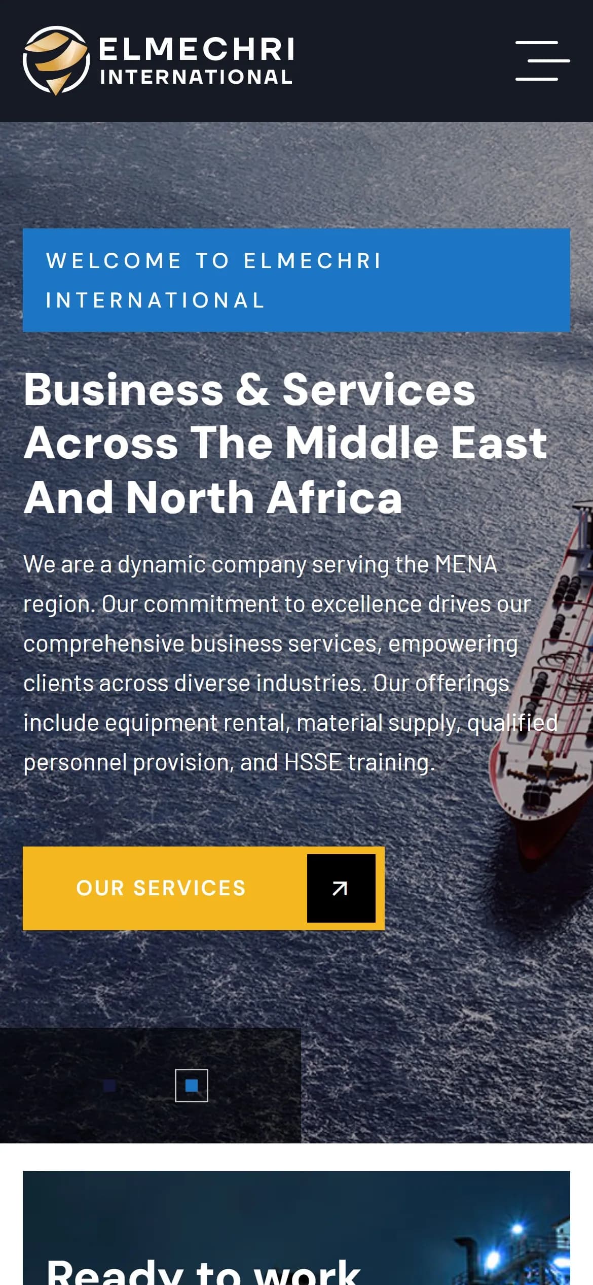 Accueil du site Elmechri International sur téléphone : titre « Business & Services Across The Middle East And North Africa » sur une photo de navire en mer