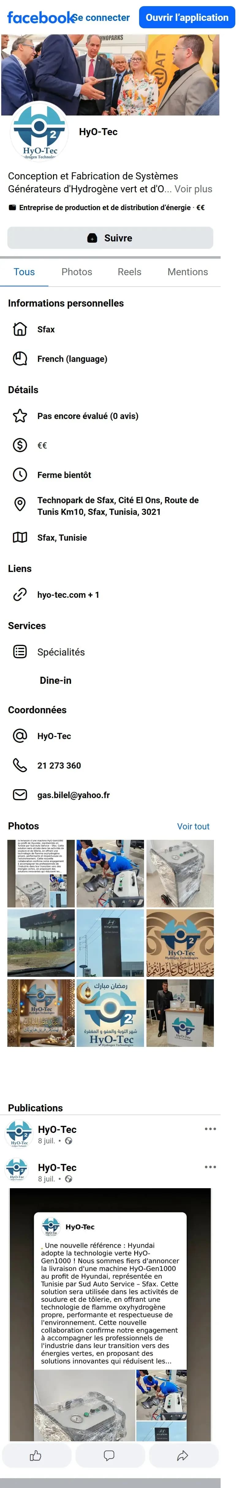 HyO-Tec’s Facebook page on a phone, full length: description, contact details, photo grid (delivery to Hyundai, Ramadan and Eid visuals, a stand) and the first post