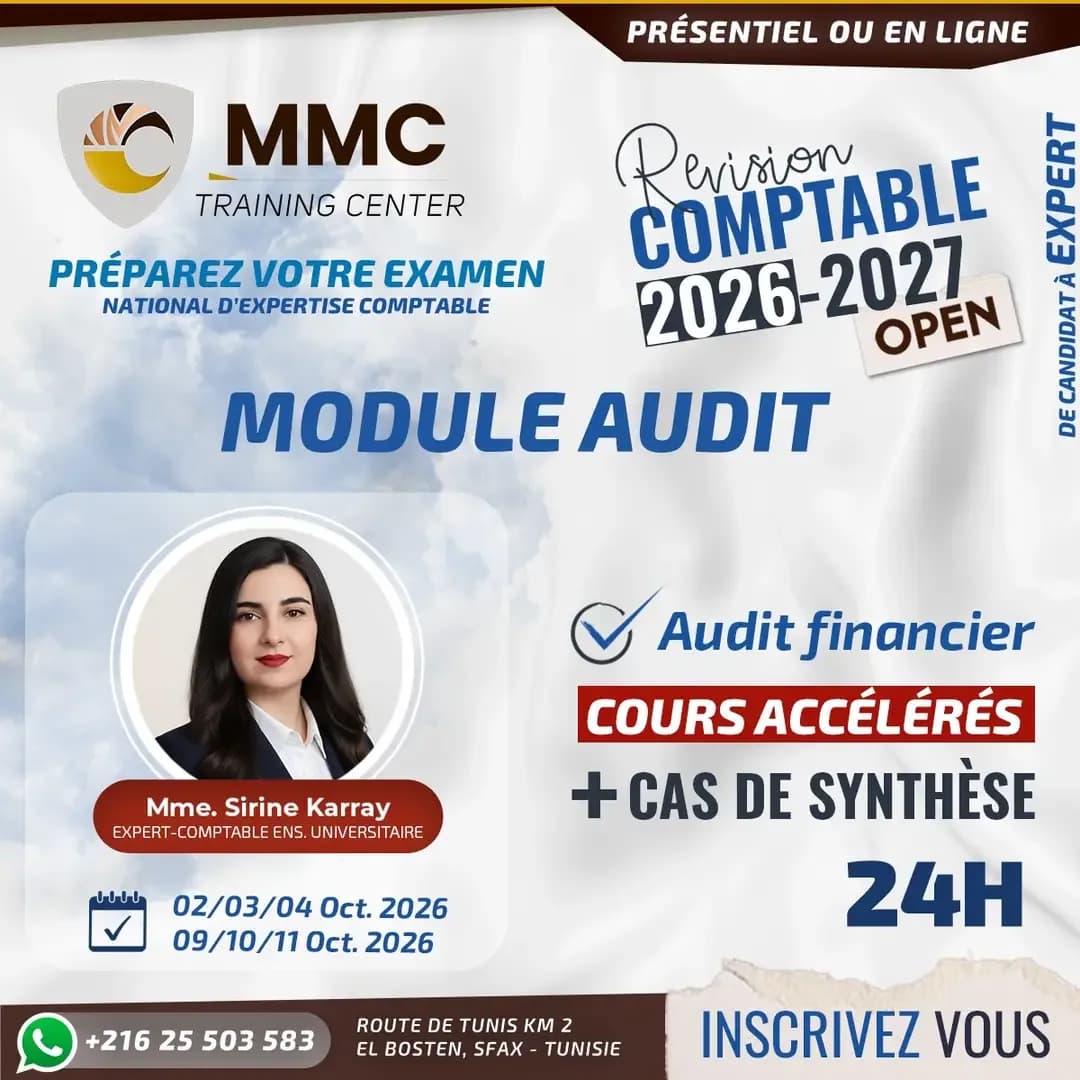 Square course announcement: “Préparez votre examen national d’expertise comptable” (prepare for the national chartered accountancy exam), 2026–2027 revision, Audit module, the trainer’s portrait, a 24-hour accelerated course with case studies, October 2026 dates, on site or online