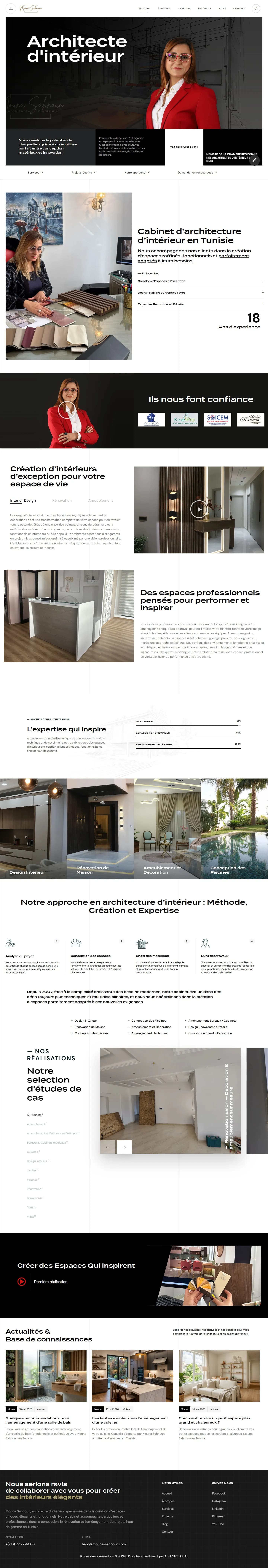 Full Mouna Sahnoun home page on a computer: opening portrait, introduction to the practice, client logos, services, four-step method, case studies, blog and footer