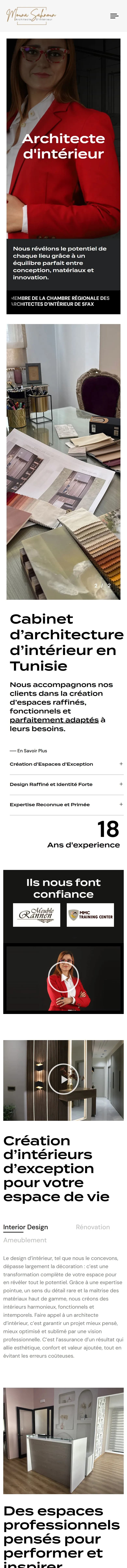 Home page on a phone, scrolling: portrait, introduction to the practice, client logos, videos, then the residential and professional offers