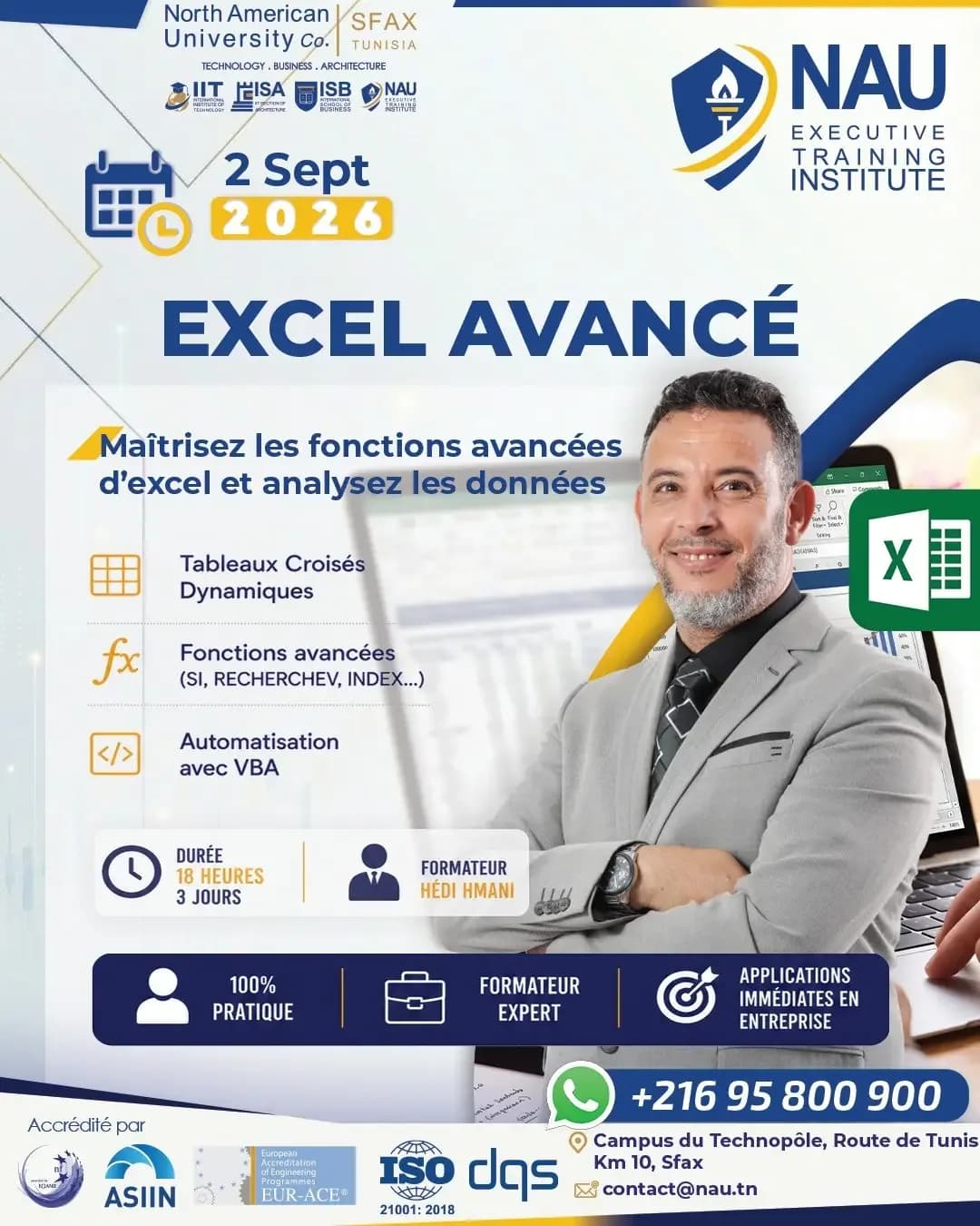 ملصق دورة «Excel avancé» (Excel المتقدّم) بتاريخ 2 سبتمبر 2026: الجداول المحورية والدوال المتقدّمة والأتمتة باستخدام VBA، 18 ساعة على 3 أيام، مع صورة المدرّب
