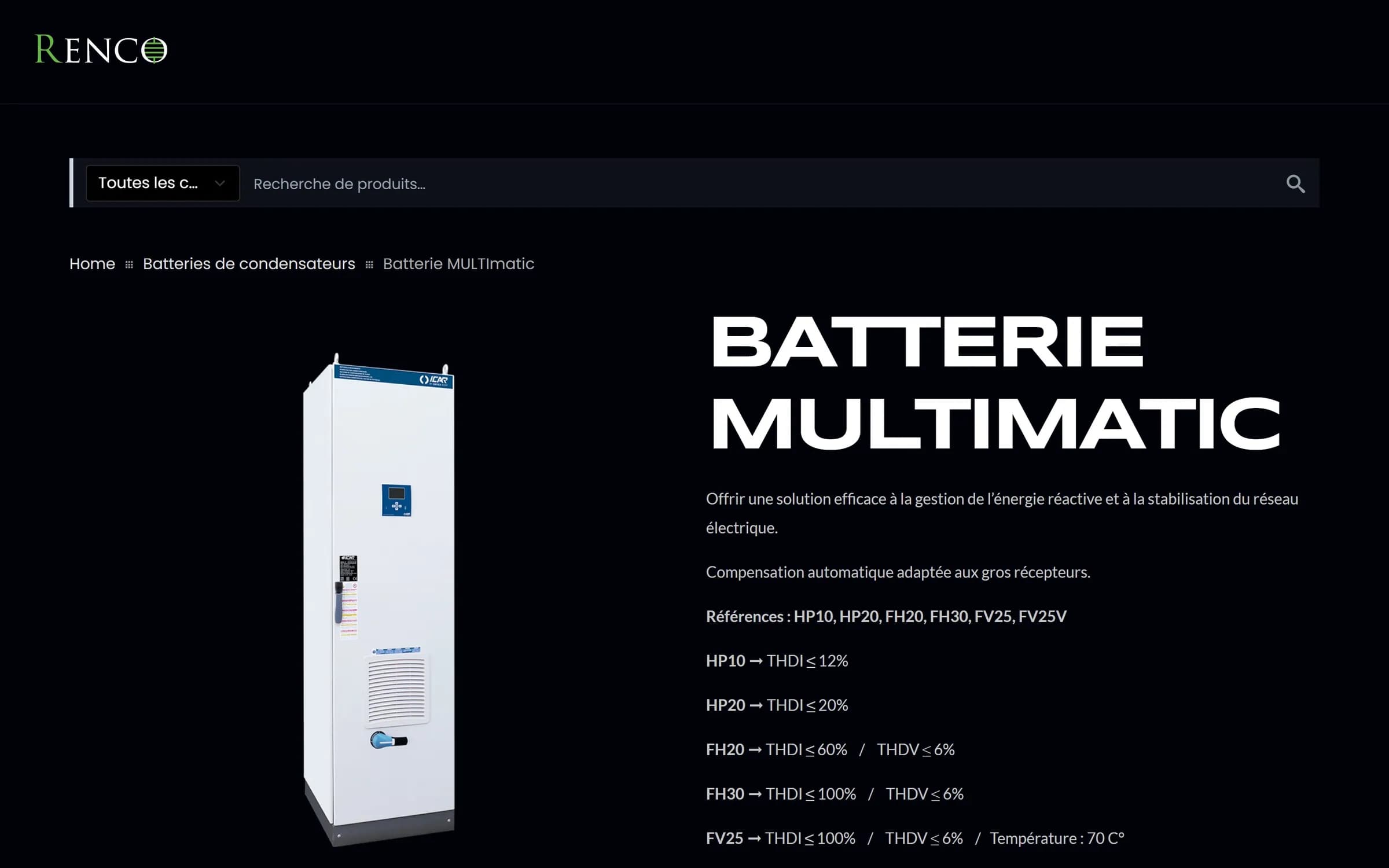“MULTImatic capacitor bank” product sheet with search, breadcrumb and technical references