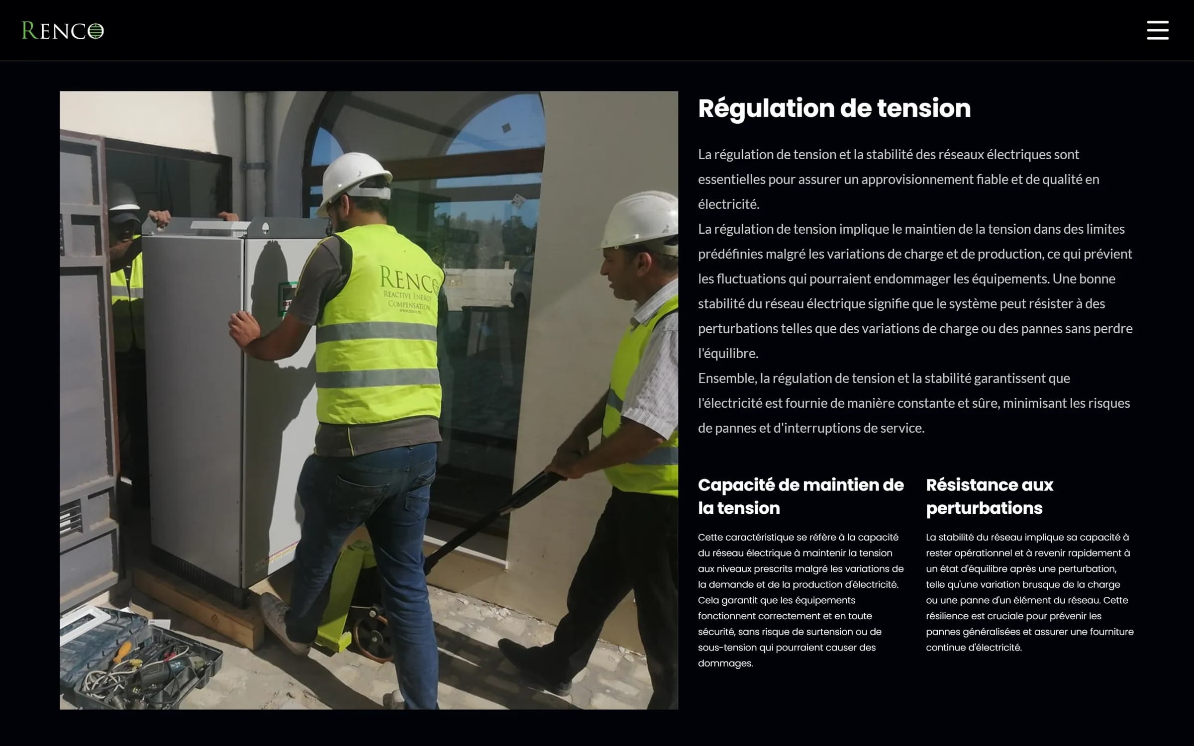 “Voltage stabilisers” service page: explanatory text and a photo of Renco technicians on site