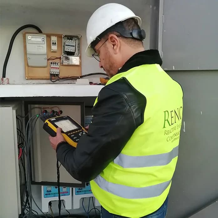 Renco technician measuring power quality with an analyser connected to an electrical panel