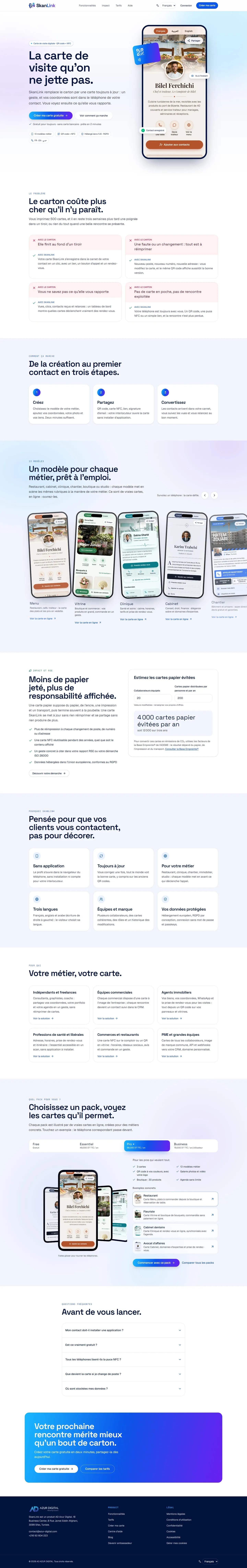 Full SkanLink home page on a computer: the paper card problem, three steps, 13 card layouts, packs, FAQ and footer