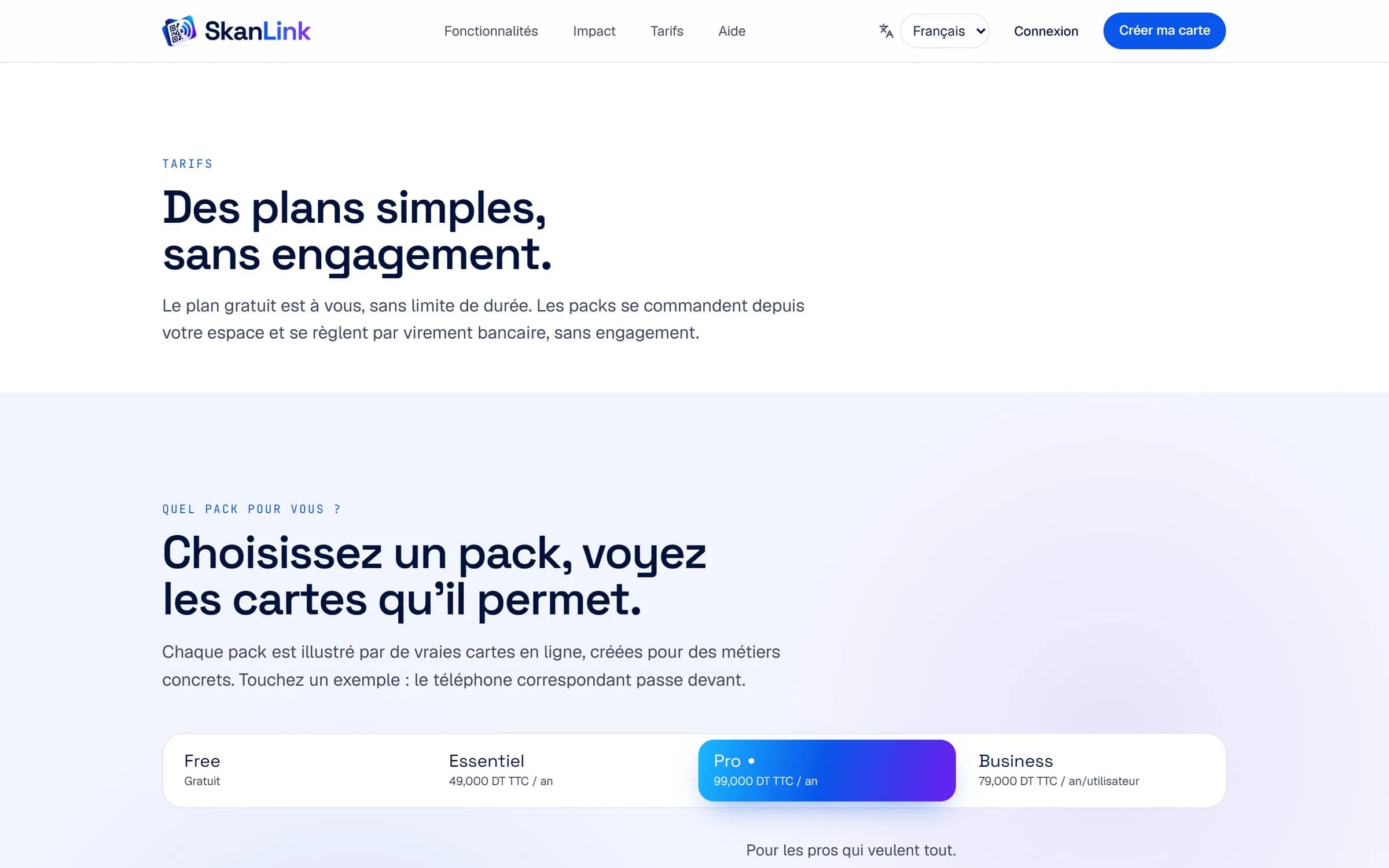 SkanLink pricing page: the headline “Simple plans, no commitment” and the Free, Essentiel, Pro and Business pack selector