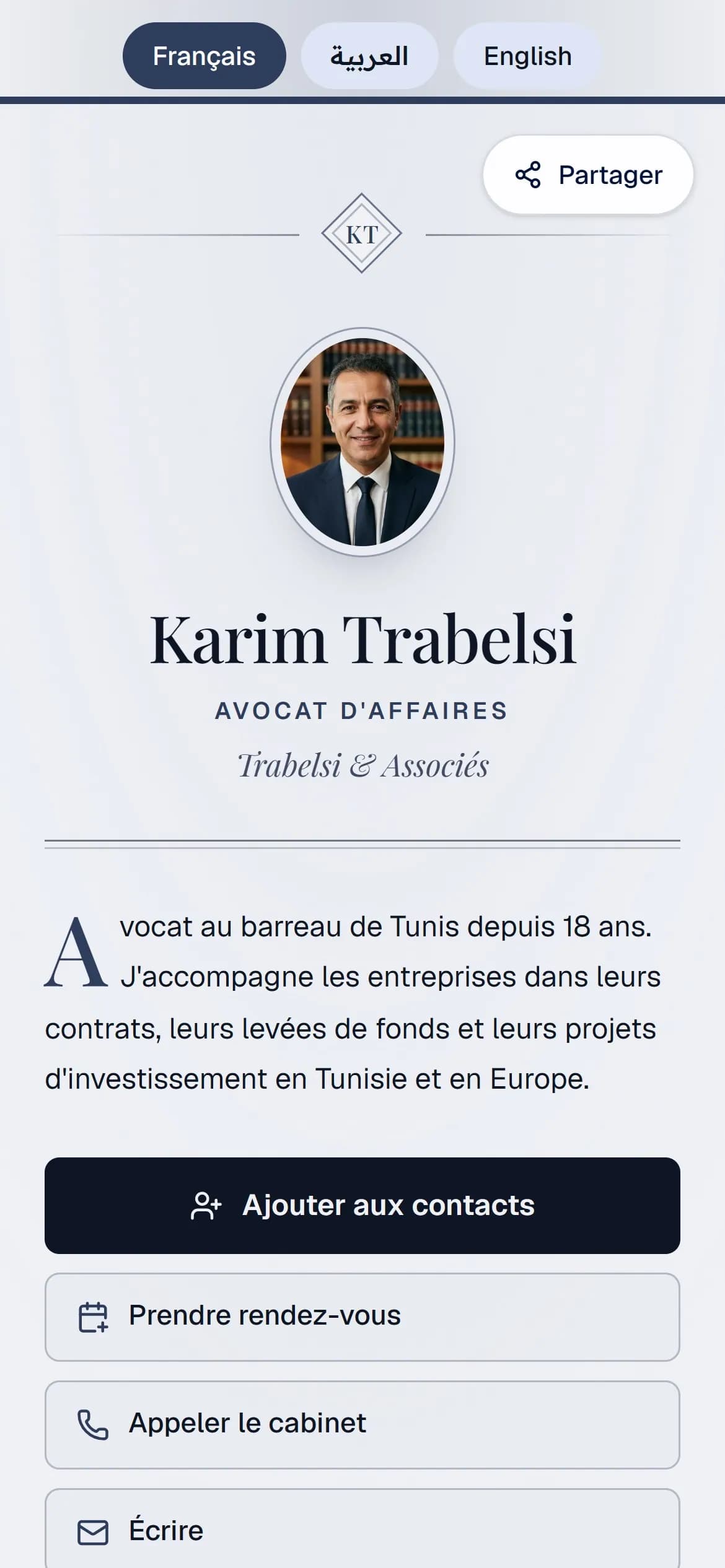 Demo card using the “Cabinet” layout for a fictional business lawyer: portrait, introduction, Add to contacts, Book an appointment, Call and Write buttons