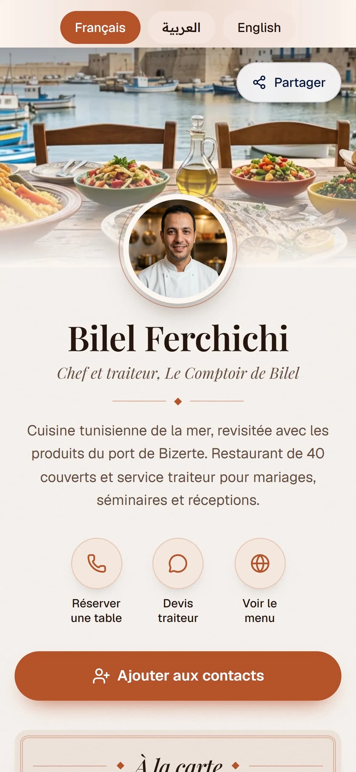Demo card using the “Menu” layout for a fictional caterer: photo, language switch, Book a table, Catering quote, See the menu and Add to contacts buttons