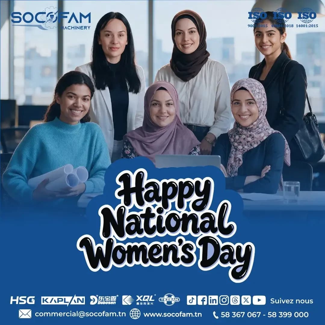 “Happy National Women’s Day” visual: six smiling women in an office, the Socofam Machinery logo at the top, brand logos and contact details at the bottom