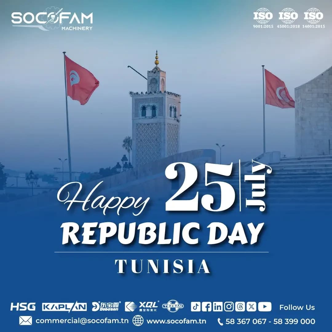 “Happy 25 July Republic Day Tunisia” visual: a minaret between two Tunisian flags on a blue background, with the Socofam Machinery logo and contact details