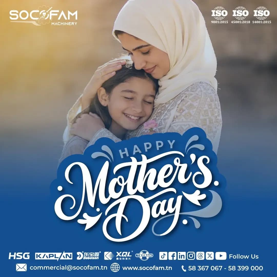 “Happy Mother’s Day” visual: a mother in a headscarf hugging her daughter, with the Socofam Machinery logo and contact details