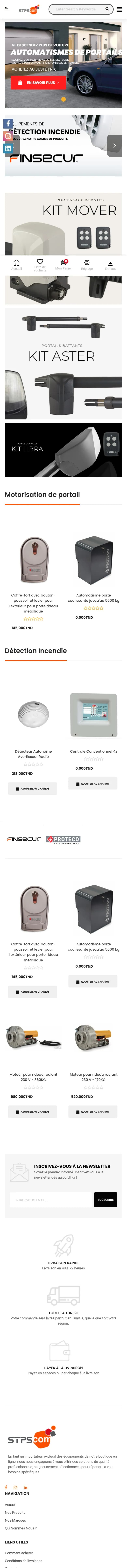 Home page on a phone: banners, product selections with prices, brand logos and footer