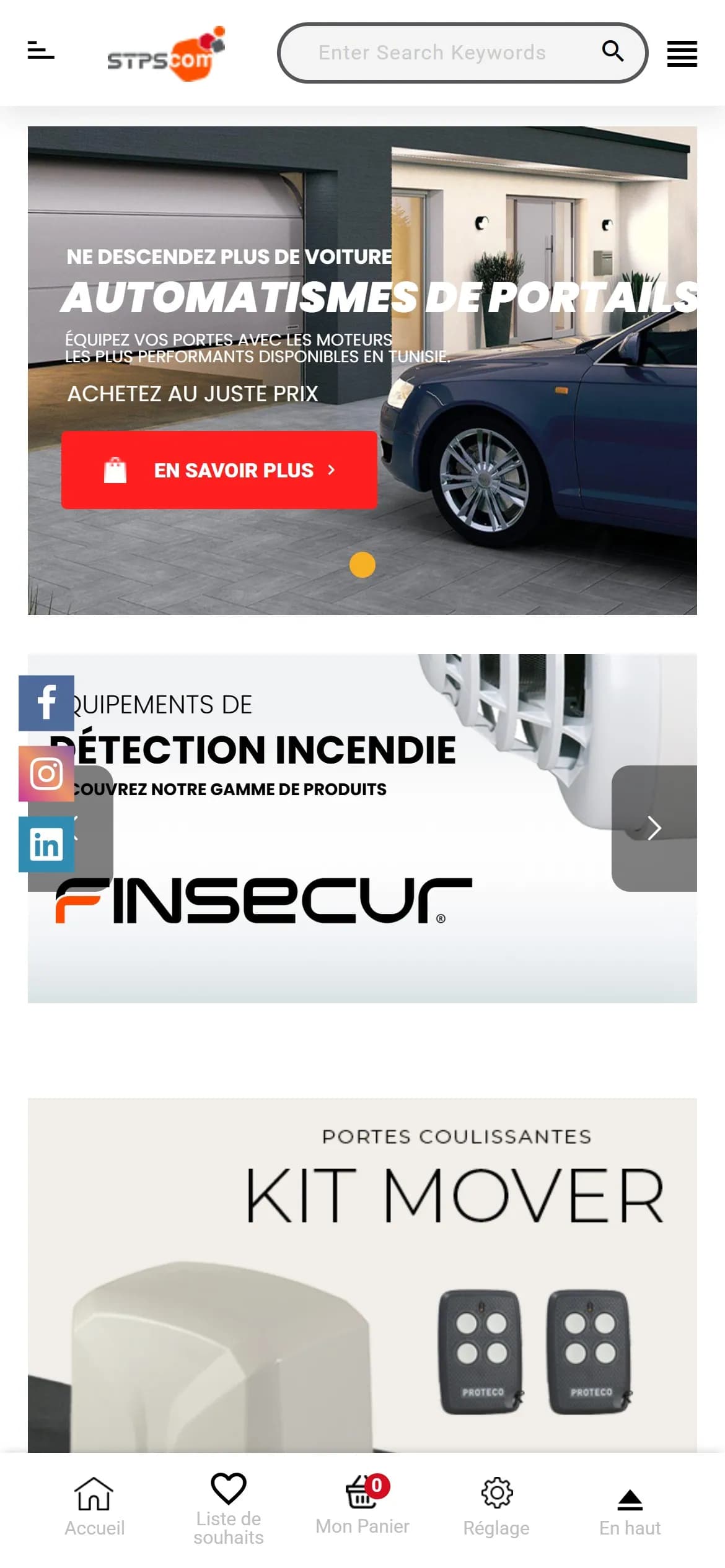 STPSCOM store home page on a phone: the “Automatismes de portails” slide, a Finsecur banner, the Mover kit banner and the fixed bar at the bottom of the screen (home, wishlist, cart, settings, back to top)