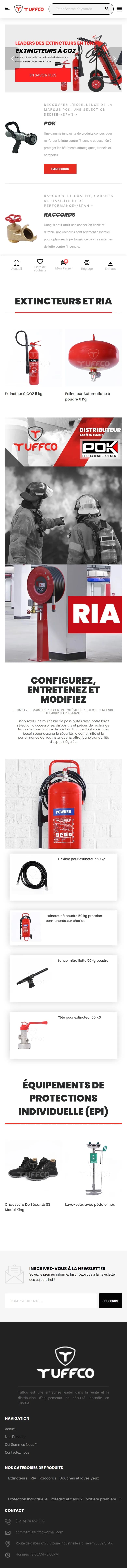 Page d’accueil sur téléphone, sur toute sa longueur : familles de produits, bannières POK et RIA, accessoires, équipements de protection individuelle et pied de page