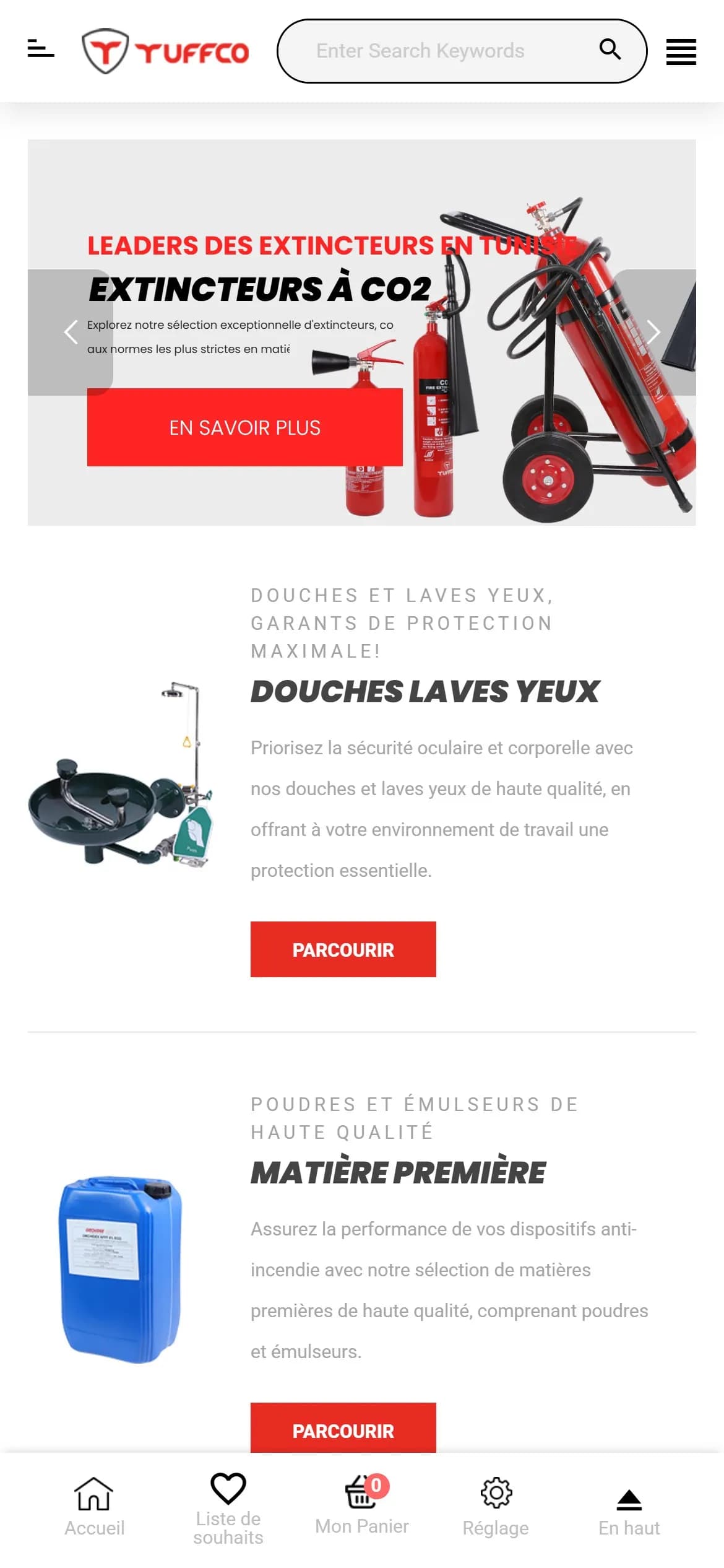 Accueil du site Tuffco sur téléphone : diapositive des extincteurs à CO2, blocs « Douches laves yeux » et « Matière première », barre de navigation en bas de l’écran