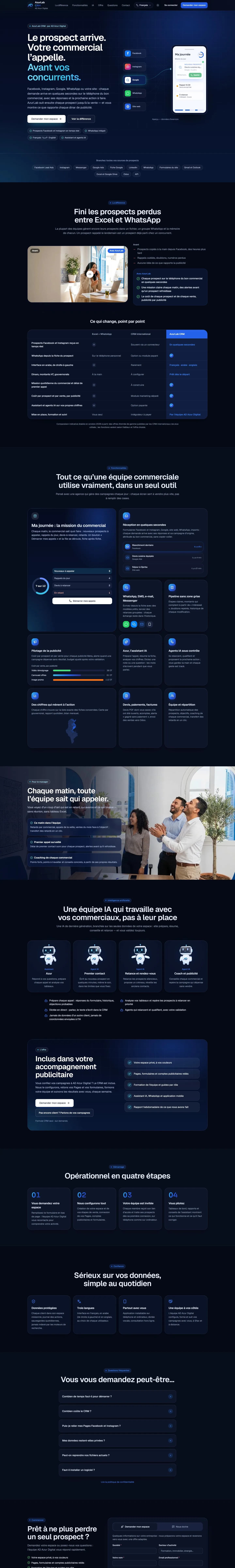 الصفحة العامة الكاملة لـ AzurLab CRM على الحاسوب: عميل محتمل يصل إلى هاتف المندوب، ومقارنة قبل وبعد، والوظائف، وفريق الذكاء الاصطناعي، والعرض، والانطلاق في أربع خطوات، والأسئلة الشائعة والاستمارة